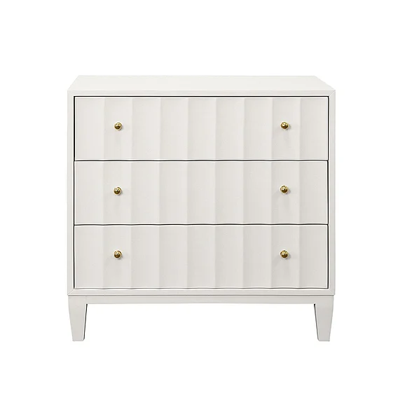 Worlds Away Three Drawer Side Table w/ Fluted Detail in Matte White Lacquer CARMACK WH