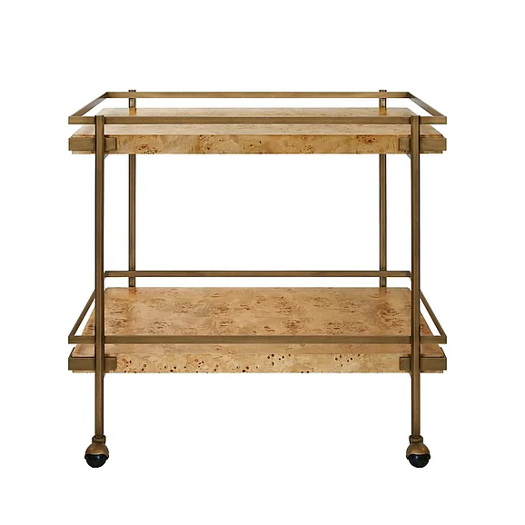 Worlds Away Cash Antique Brass Bar Cart in Burl Wood CASH BW