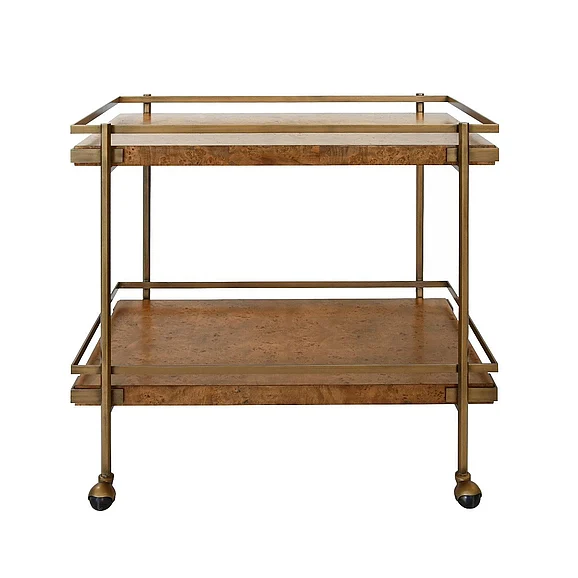 Worlds Away Cash Antique Brass Bar Cart in Dark Burl Wood CASH DBW