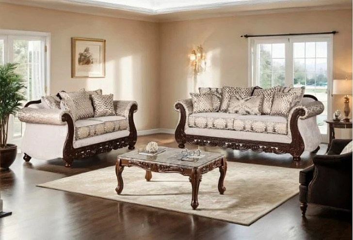 Furniture of America Catalonia 2pc Living Room Set in Beige/Dark Cherry