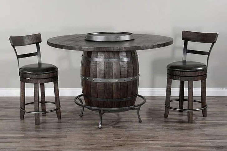 Sunny Designs Doe Valley 3pcs Round Pub Table with Wine Barrel Base Dining Room Set in Tobacco Leaf