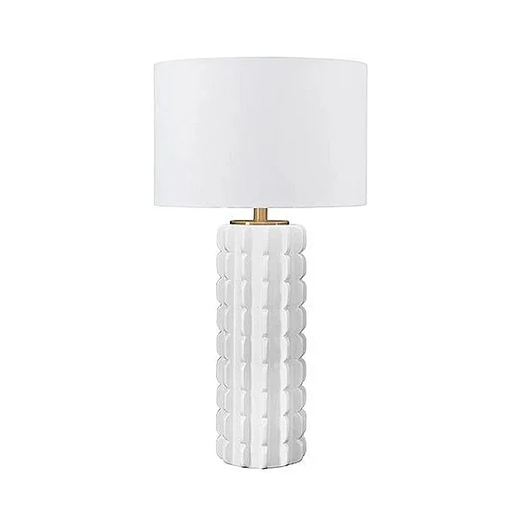 Worlds Away Scalloped Ceramic Table Lamp with White Linen Drum Shade in White Glaze CECE WH