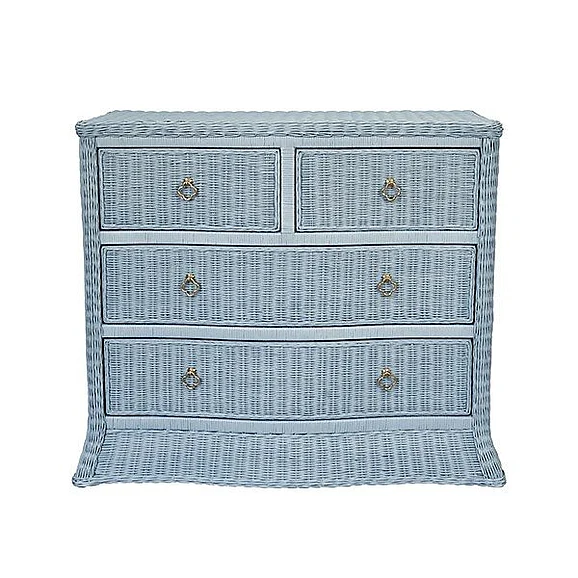 Worlds Away Four Drawer Chest in Woven Painted Light Blue Rattan With Satin Brass Pulls CELINE LB