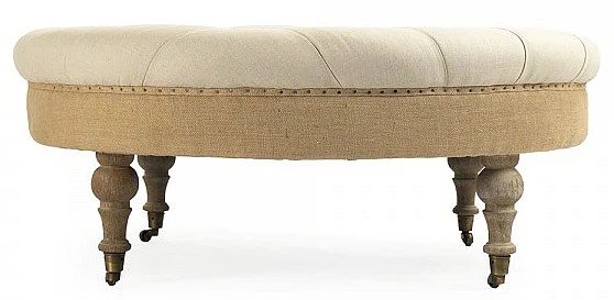 Zentique Maison Tufted Round Ottoman in White CF056-2 E272 A003 Jute w/ Nailhead