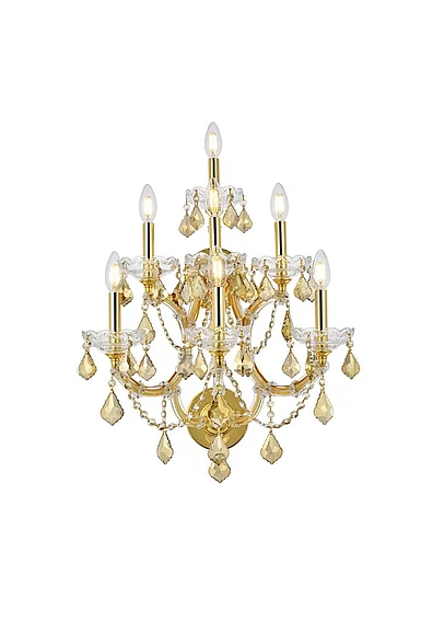 Elegant Maria Theresa 7 Light Gold Wall Sconce Golden Teak (Smoky) Royal Cut Crystal 2800W7G-GT/RC