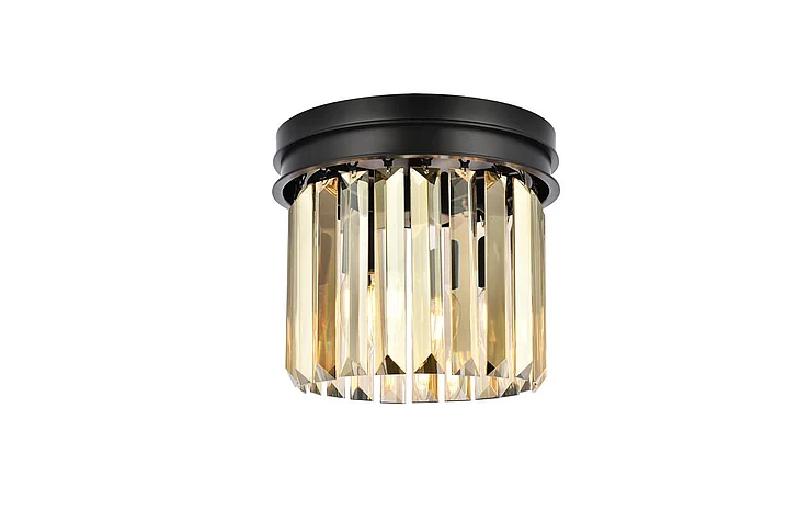 Elegant Sydney 3 Light Matte Black Flush Mount Golden Teak (Smoky) Royal Cut Crystal 1238F12MB-GT/RC