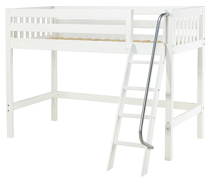 Maxtrix Bare Bone Twin Size Mid Loft (Low/Low) Slat Bed with Angle Ladder in White CHAPWS