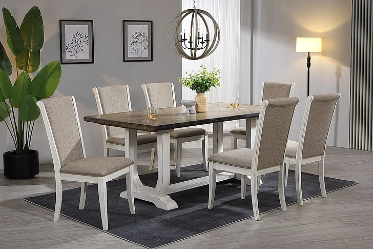 ECI Briton Lake 7pc Trestle Dining Set in Rustic and White Wash
