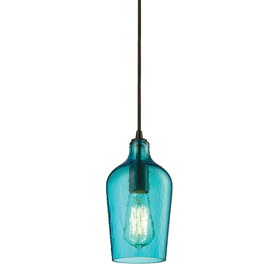 Atlas Hammered Glass 5'' Wide 1-Light Pendant - Oil Rubbed Bronze with Aqua CL11602-BL