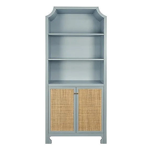Worlds Away Two Cane Front Door Etagere with Decorative Top in Matte Light Blue Lacquer CLAUDIA LB