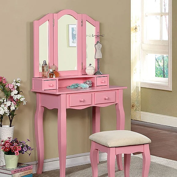 Furniture of America Janelle Vanity with Stool in Pink CM-DK6846PK