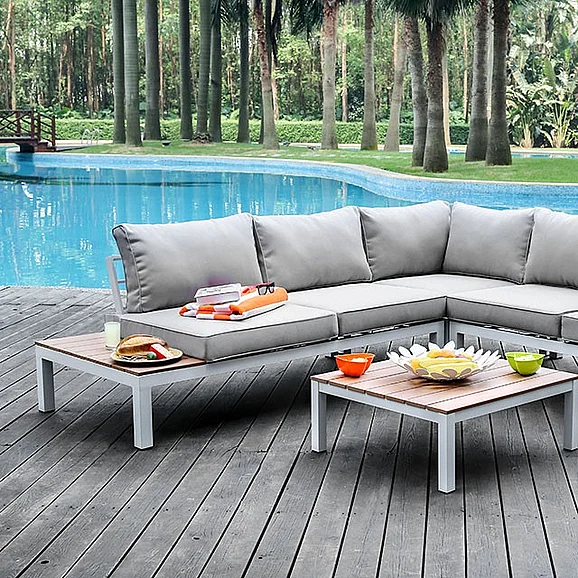 Furniture of America Winona Patio Sectional with Ottoman in White Frame/Oak Top/Blue Cushion CM-OS2580GY