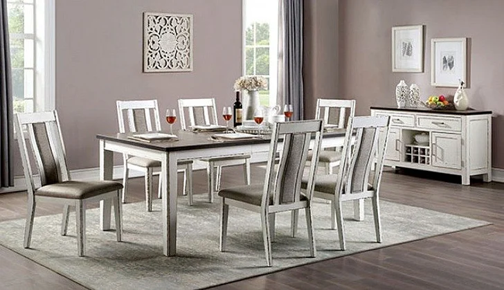 Furniture of America Halsey 7-Piece Dining Room Set in Weathered White and Dark Walnut