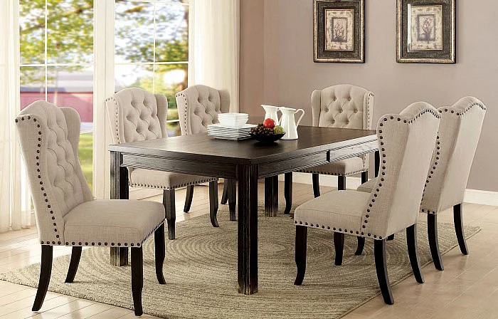 Furniture of America Sania I 7pc Dining Room Set in Antique Black