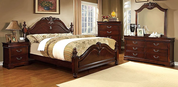 Furniture of America Mandura 4pc Poster Bedroom Set in Brown Cherry