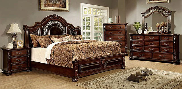 Furniture of America Flandreau 4pc Panel Bedroom Set in Brown Cherry