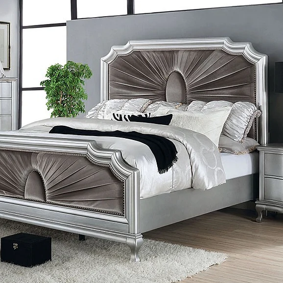 Furniture of America Aalok Queen Panel Bed in Silver and Warm Gray