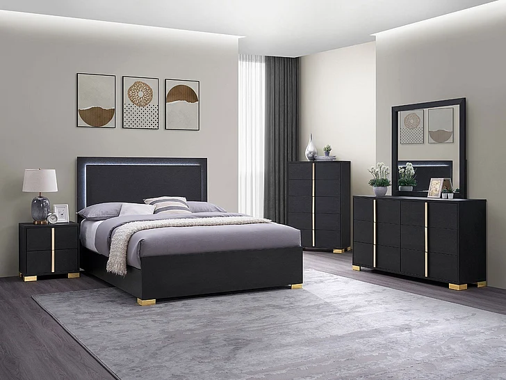 Coaster Furniture Marceline 4-Piece LED Headboard Panel Bedroom Set in Black