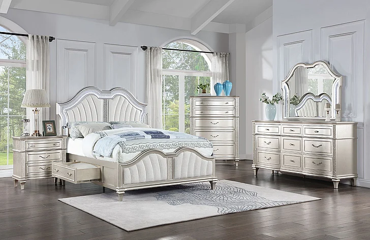 Coaster Furniture Evangeline 4-Piece LED Headboard Storage Bedroom Set in Silver Oak and Ivory