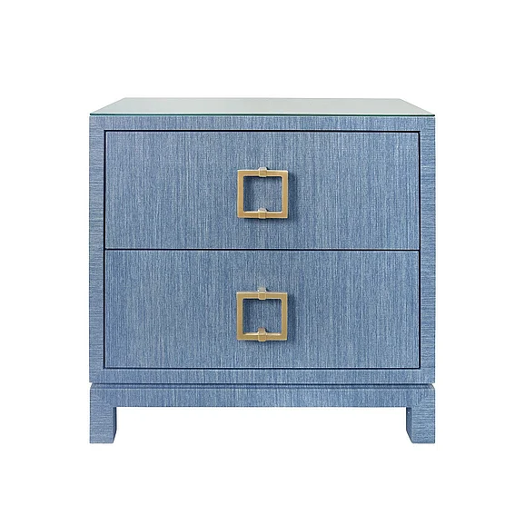 Worlds Away Two Drawer Side Table in Blue Dyed Grasscloth w/ Glass Top COLE BL