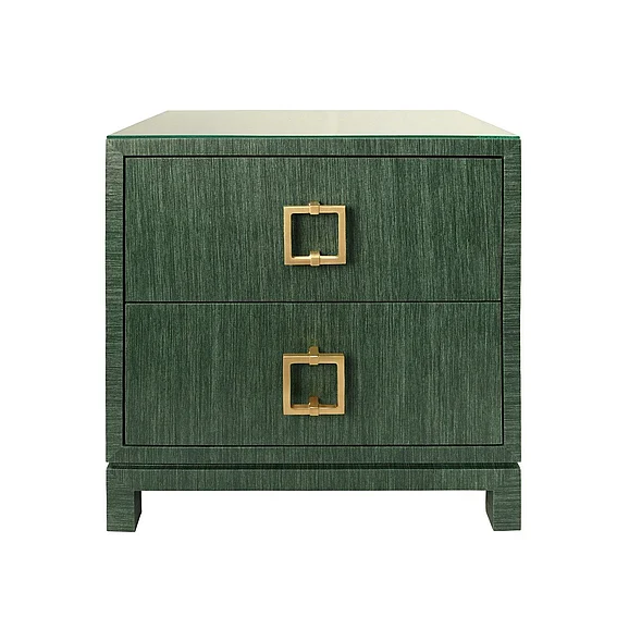 Worlds Away Two Drawer Side Table in Green Dyed Grasscloth w/ Glass Top COLE GR