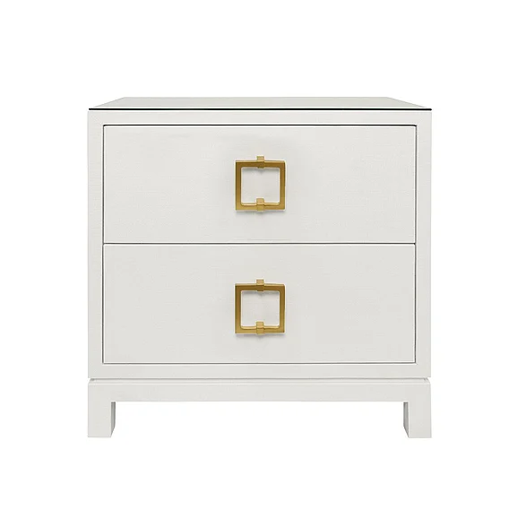 Worlds Away Two Drawer Side Table in White Textured Linen w/ Glass Top COLE WH