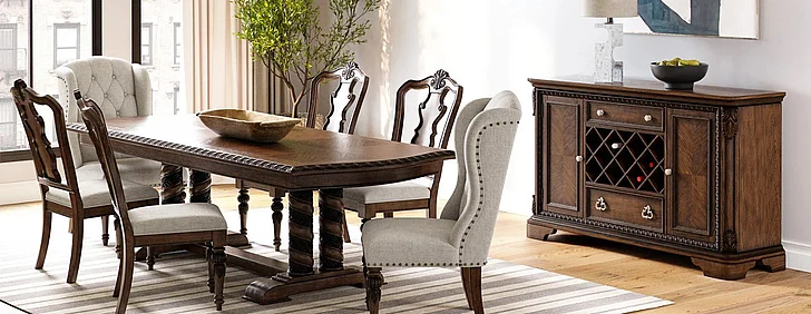 Emma Mason Signature Artisan Root 7pc Trestle Dining Room Set in Mahogany
