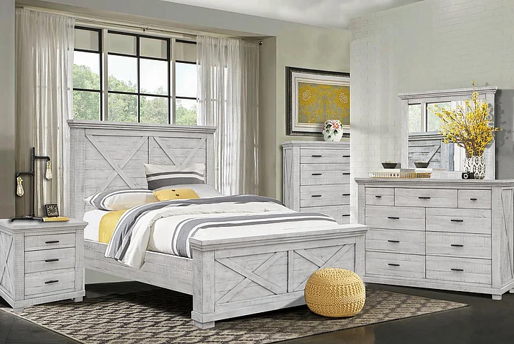 Cottage Creek Crossing Lakes 4pc Panel Bedroom Set in Distressed Greige