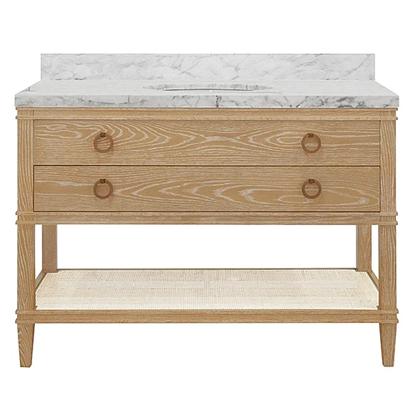 Worlds Away Cutler Bath Vanity In Cerused Oak With Open Cane Shelf, White Marble Top, Porcelain Sink, And Antique Brass Ring Hardware, 48" Wide CUTLER 48 CO