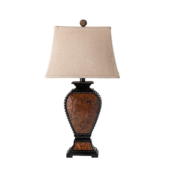 Crestview Collection Tooled Leather Table Lamp in Tan CVAUP522 (Set of 2)