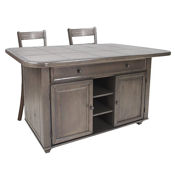 Sunset Trading Shades of Gray 3 Piece Kitchen Island Set in Weathered Gray with Graystone Tile Top CY-KIT2-B200-AG3P