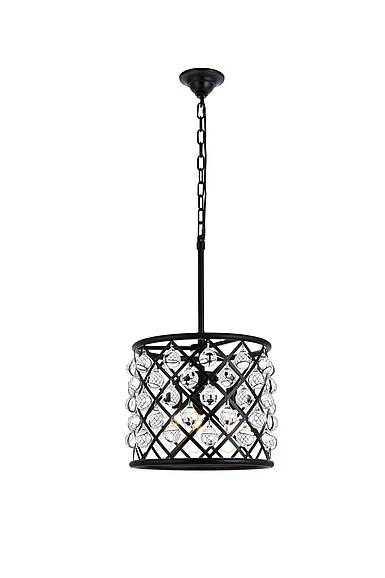 Elegant Madison 3 Light Matte Black Pendant Clear Royal Cut Crystal 1204D14MB/RC