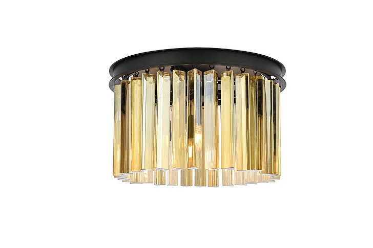 Elegant Sydney 3 Light Matte Black Flush Mount Golden Teak (Smoky) Royal Cut Crystal 1208F16MB-GT/RC