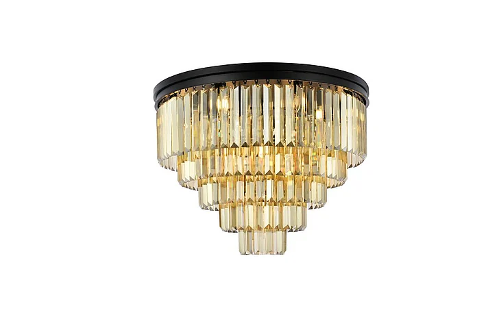 Elegant Sydney 17 Light Matte Black Flush Mount Golden Teak (Smoky) Royal Cut Crystal 1231F32MB-GT/RC