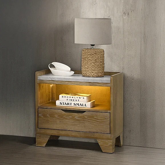 Brown Finish Nightstand with LED Light USB Ports 1Pc Bedside Cabinet Drawer Shelf