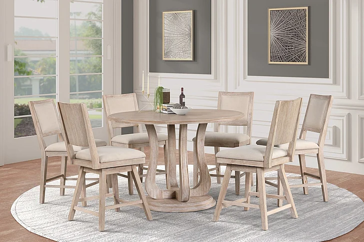 New Classic Swan 7pc Round Counter Dining Room Set in Sand Drift