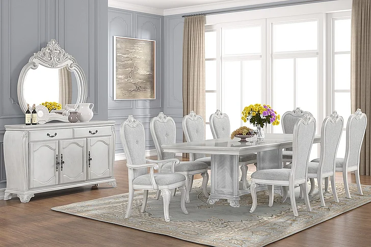 New Classic Furniture Cambria Hills 9pc Dining Room Set in Mist Gray
