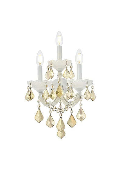 Elegant Maria Theresa 3 Light White Wall Sconce Golden Teak (Smoky) Royal Cut Crystal 2800W3WH-GT/RC