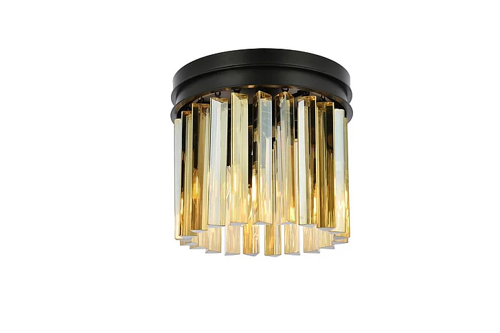 Elegant Sydney 3 Light Matte Black Flush Mount Golden Teak (Smoky) Royal Cut Crystal 1208F12MB-GT/RC