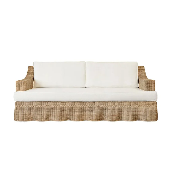 Worlds Away Lawson Style Sofa in Natural Rattan w/ Scalloped Skirt and Ivory Linen Cushions DAPHNE WH
