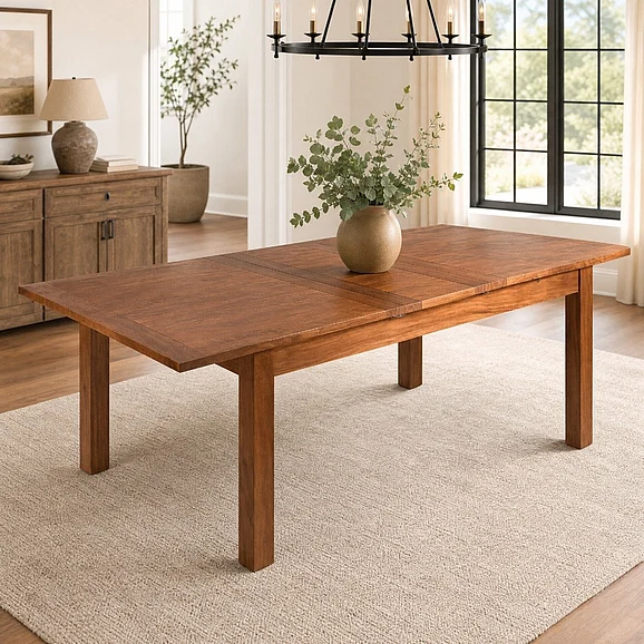 Capri 63"-79" Extendable Solid Acacia Wood Dining Table, Light Walnut Finish, Easy Assembly