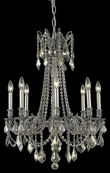 Elegant Rosalia 8 Light Pewter Chandelier Golden Teak (Smoky) Royal Cut Crystal 9208D24PW-GT/RC CLOSEOUT