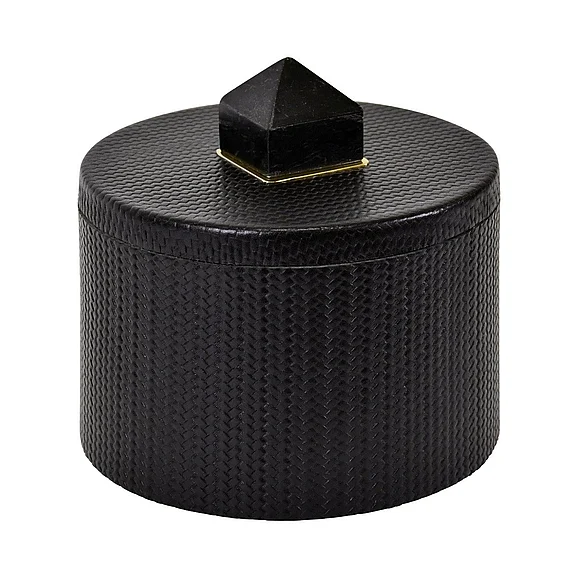Worlds Away Round Black Faux Leather Container w/ Stone Handle DENVER
