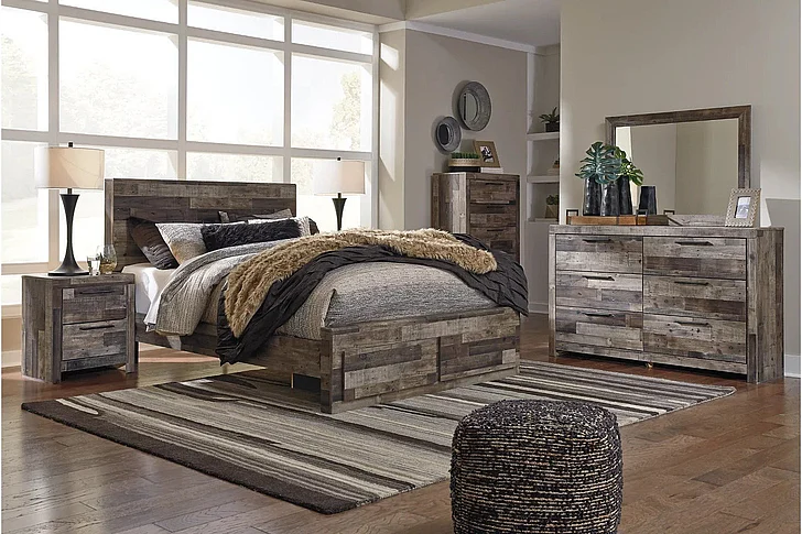 Ashley Furniture Derekson 5pc Panel Bedroom Set with 2 Side Storage Drawers in Multi Gray