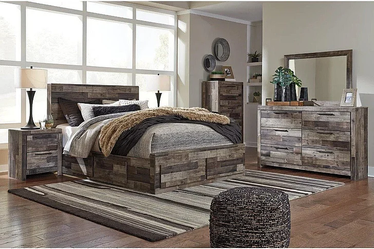 Ashley Furniture Derekson 5pc Panel Bedroom Set with 4 Storage Drawers in Multi Gray