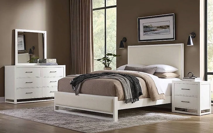 Vaughan-Bassett Lodge & Loft 4pc upholstered Bedroom Set in Ivory Cream/Soft White