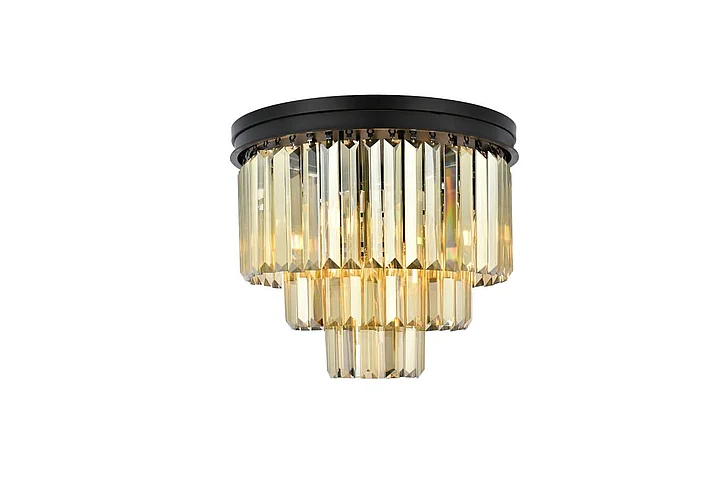 Elegant Sydney 9 Light Matte Black Flush Mount Golden Teak (Smoky) Royal Cut Crystal 1231F20MB-GT/RC