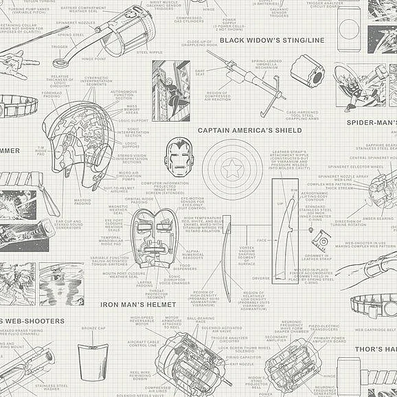 York Disney Kids Vol. 4 D37 Marvels Heroes Schematics Wallpaper in Cream DI0937 (Double Roll) FedEx/UPS