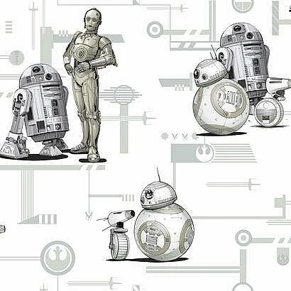 York Disney Kids Vol. 4 D37 Star Wars: The Rise of Skywalker, Droids! Wallpaper in Black/White DI0947 (Double Roll) FedEx/UPS
