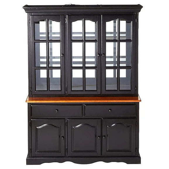 Sunset Trading Selections 53"W China Cabinet w Glass Doors Mirrored Back in Distressed Antique Black with Cherry DLU-22-BH-BCH